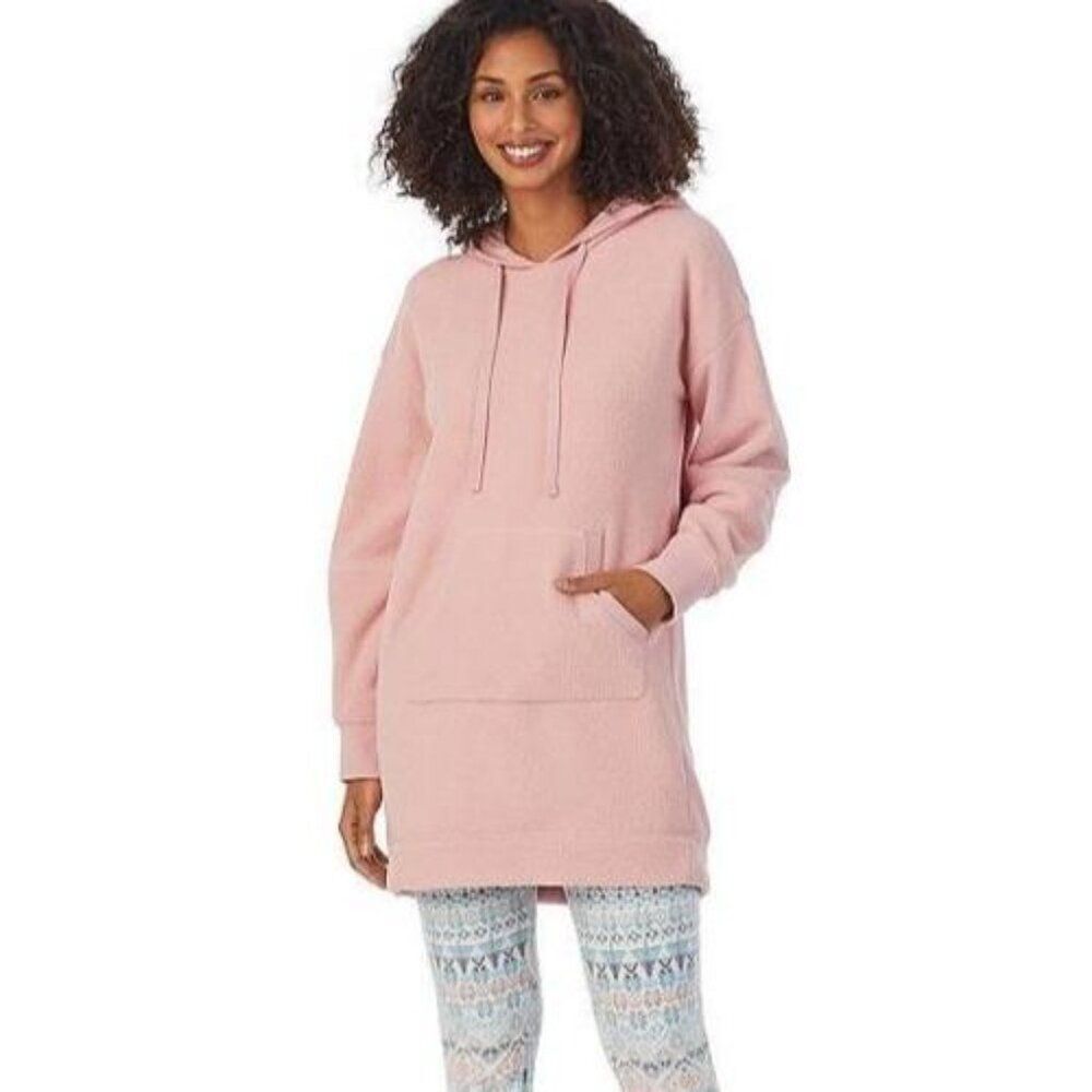 Cuddl Duds Pink Cozy Fleece Long Sleeve Hooded Nightshirt Gown Size S New!